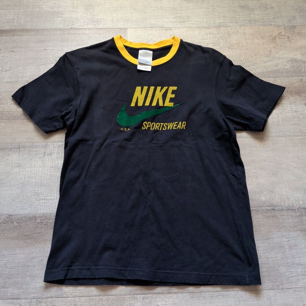 ​Vintage Nike Sportswear Ringer T Shirt Mens Medium Black Yellow Green Swoosh US